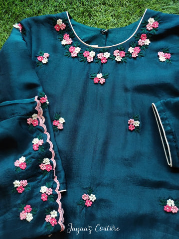 Peacock blue kurta and cullotes with pink dupatta