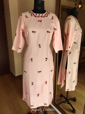 Baby Pink Thread Work Kurta Pant Set with Hand Painted Dupatta