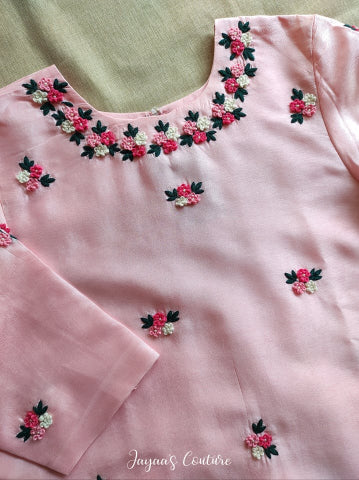 Baby Pink Thread Work Kurta Pant Set with Hand Painted Dupatta