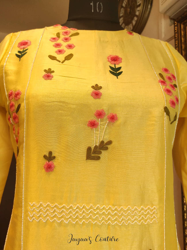 Lemon Yellow Embroidered Kurta Pants set