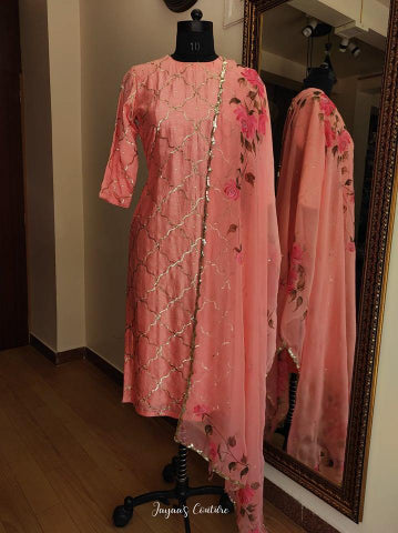Peach kurta pants and dupatta