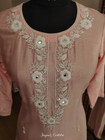 Peachish Pink kurta Pants with net Dupatta
