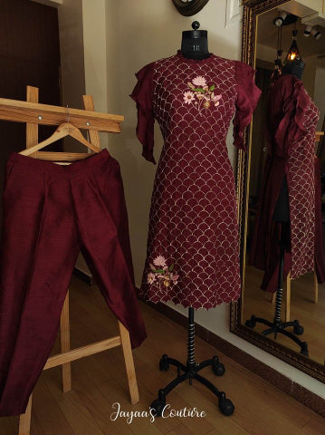 Maroon Embroidered Kurta Pants set
