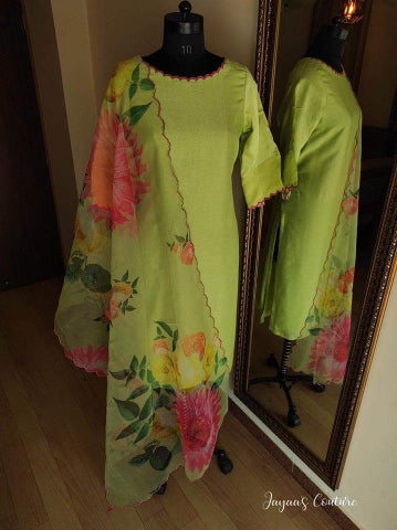 Pastel parrot green kurta pants with dupatta