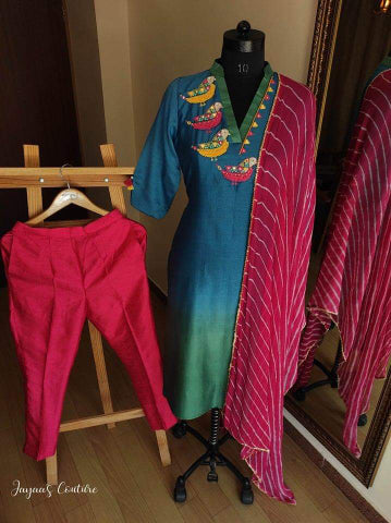 Peacock blue Ombre shaded kurta pants dupatta
