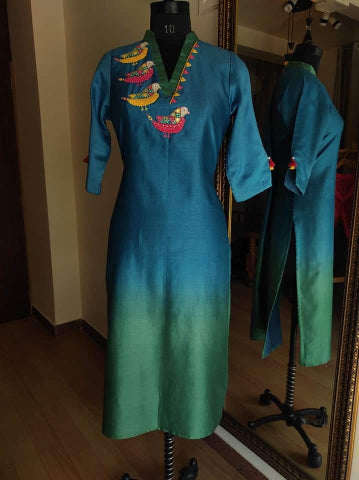 Peacock blue Ombre shaded kurta pants dupatta