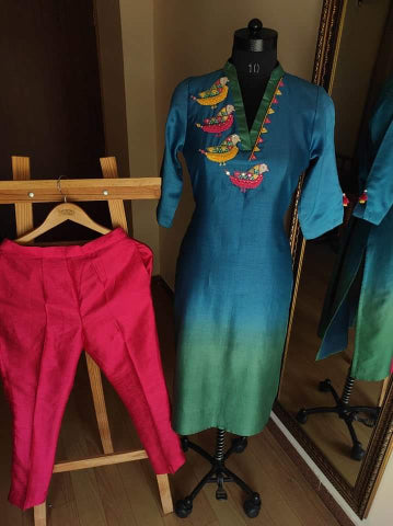 Peacock blue Ombre shaded kurta pants dupatta