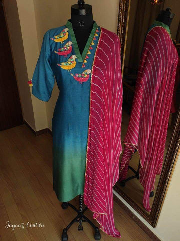 Peacock blue Ombre shaded kurta pants dupatta