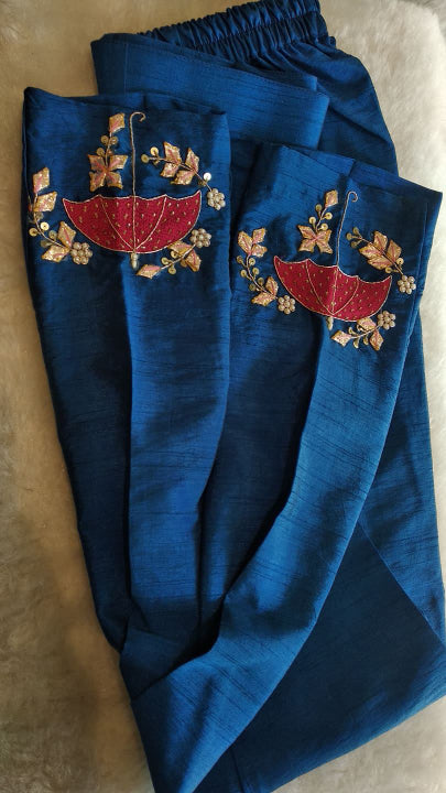 Peacock Blue Umbrella Work Kurta Pants Set.