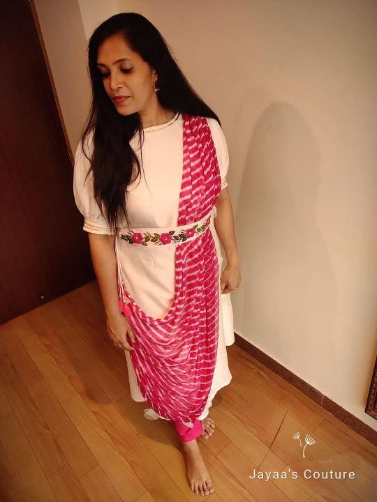 Pinkish peach kurta with draped dupatta and pants