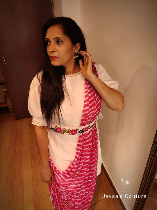 Pinkish peach kurta with draped dupatta and pants