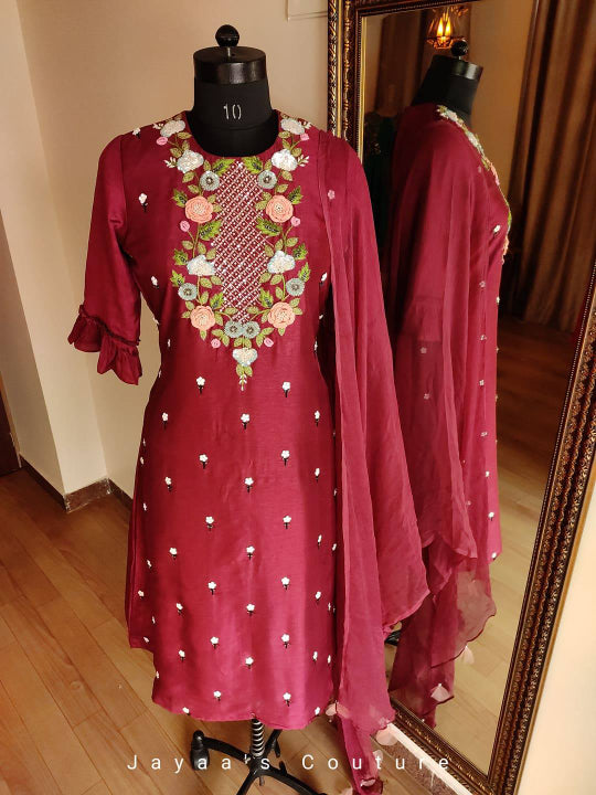 Marron 3d work kurta and culottes