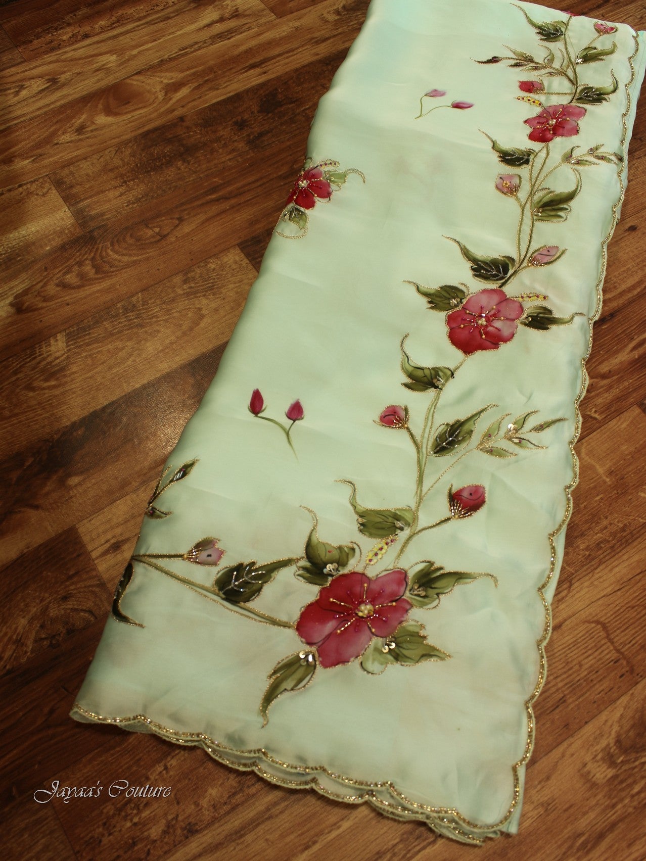 Pastel sea green hand painted saree with blouse