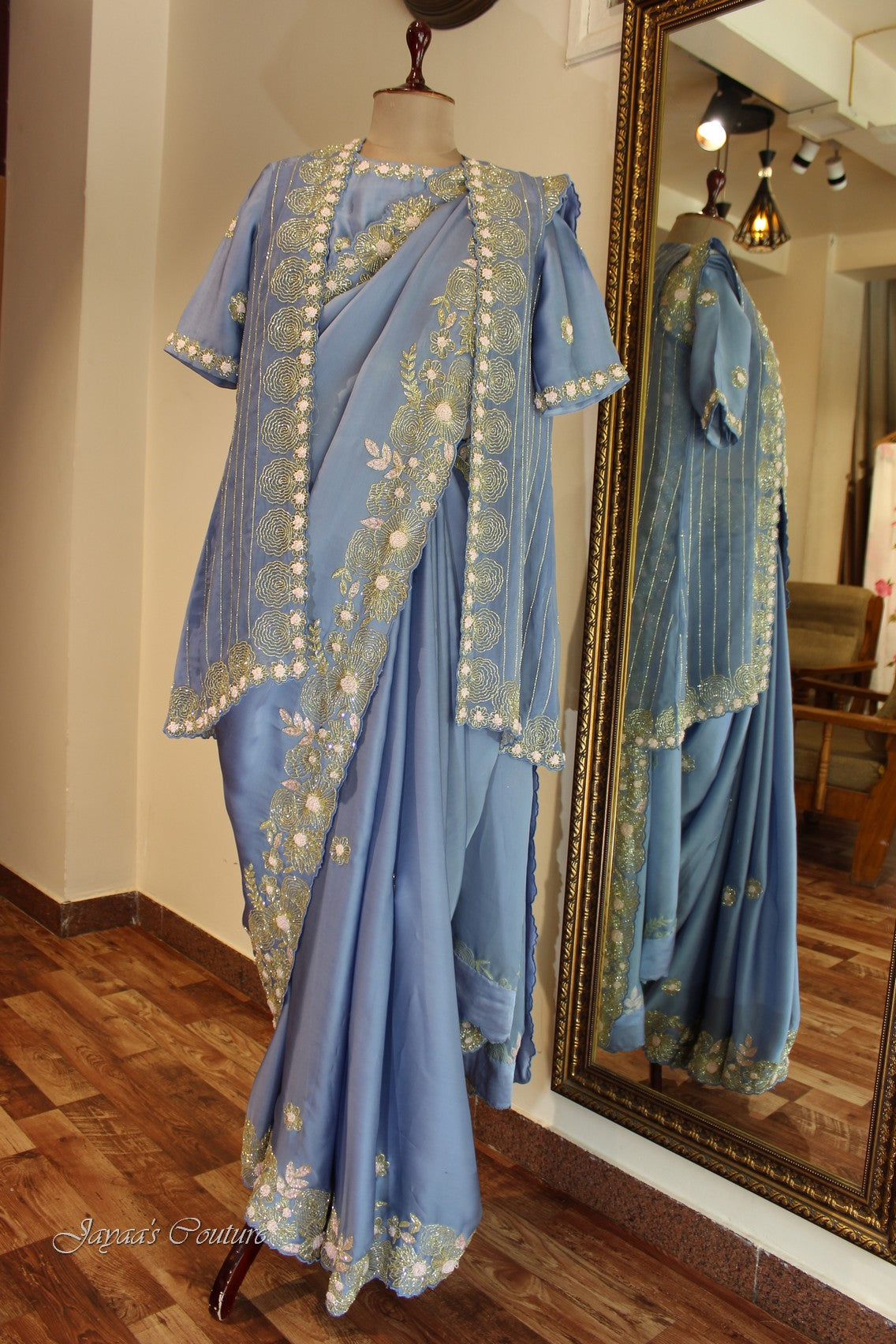 Greyish blue saree with shrug