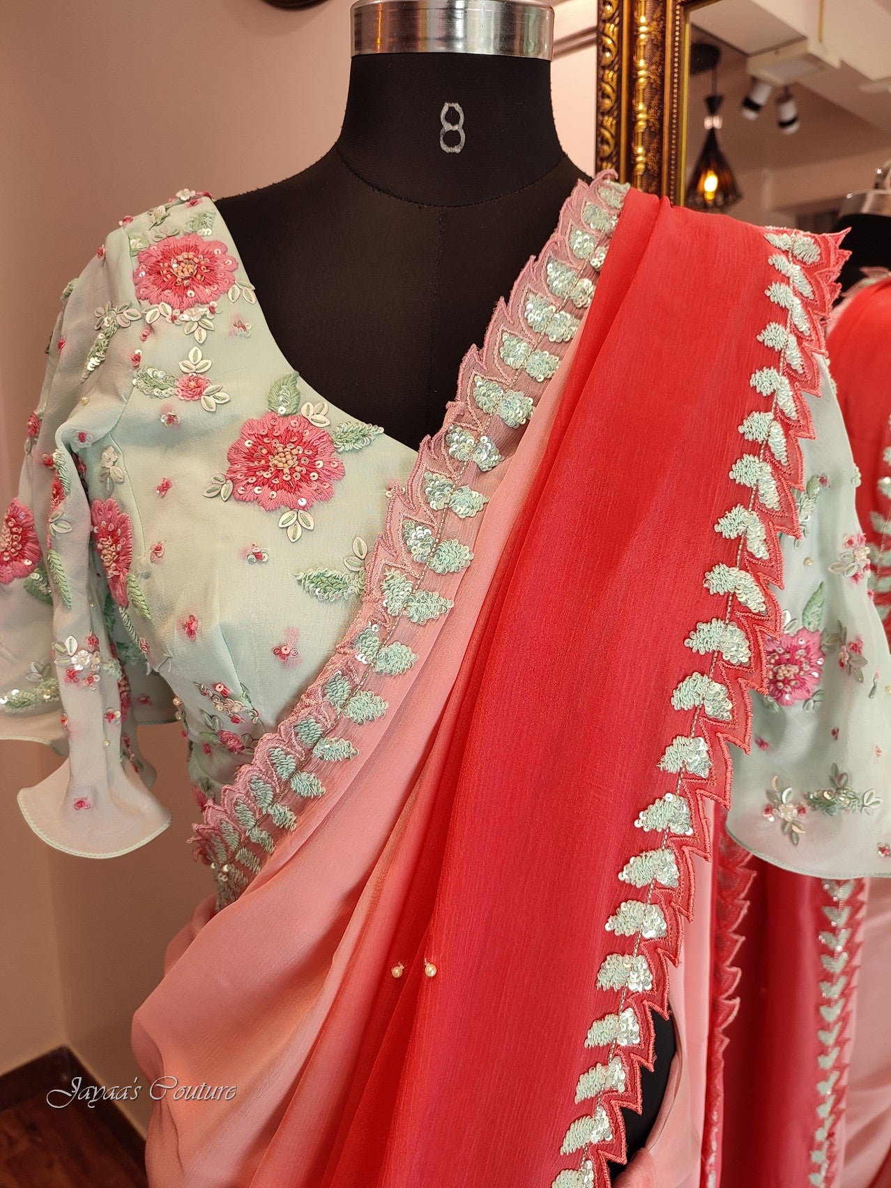 peachish red shaded saree with blouse