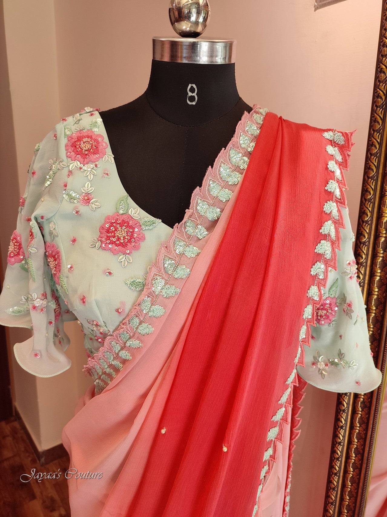 peachish red shaded saree with blouse