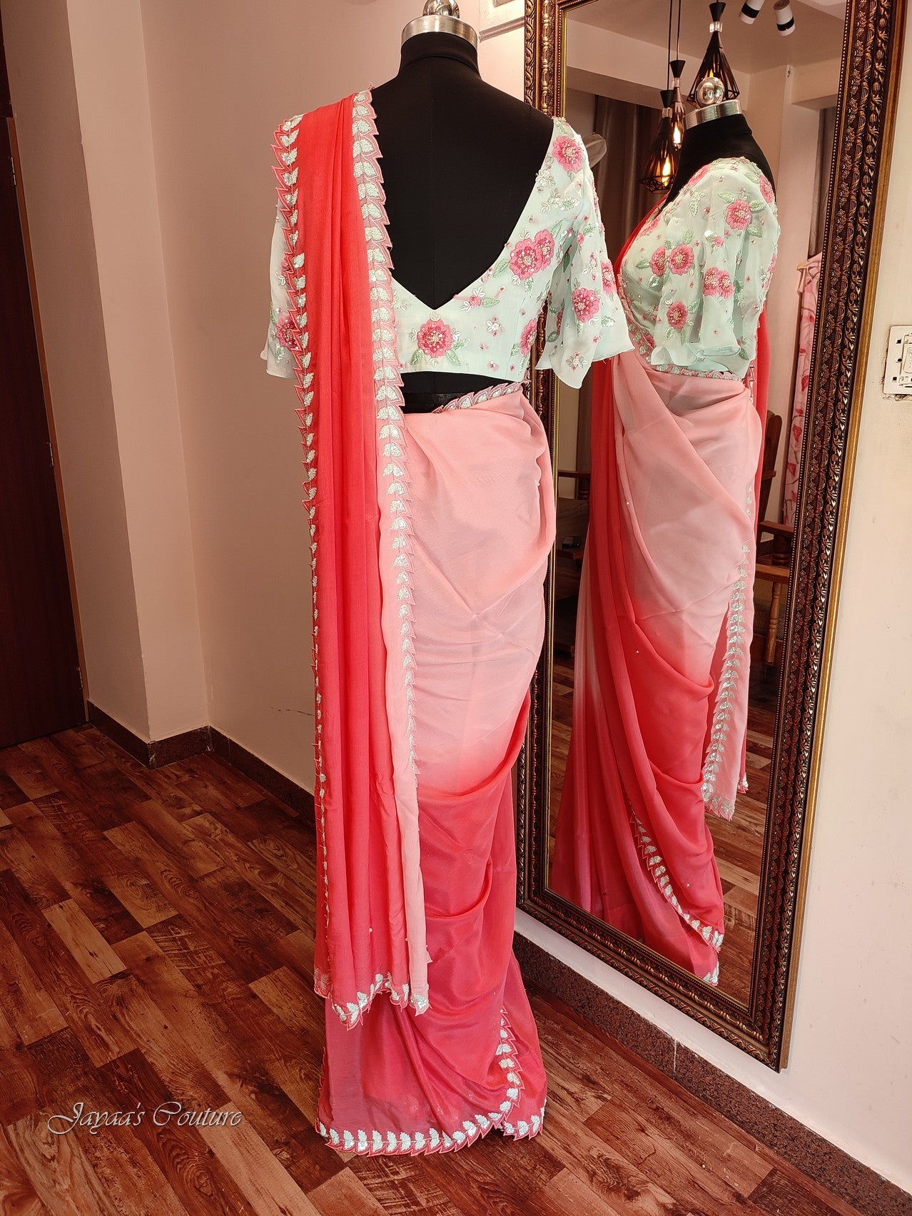 peachish red shaded saree with blouse