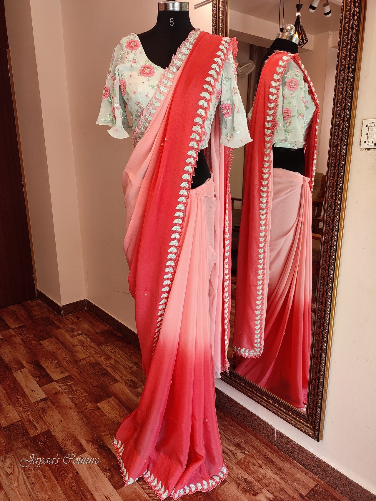 peachish red shaded saree with blouse