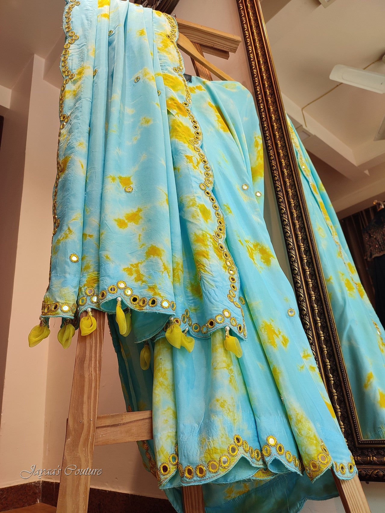 Sky blue & Yellow tie& saree