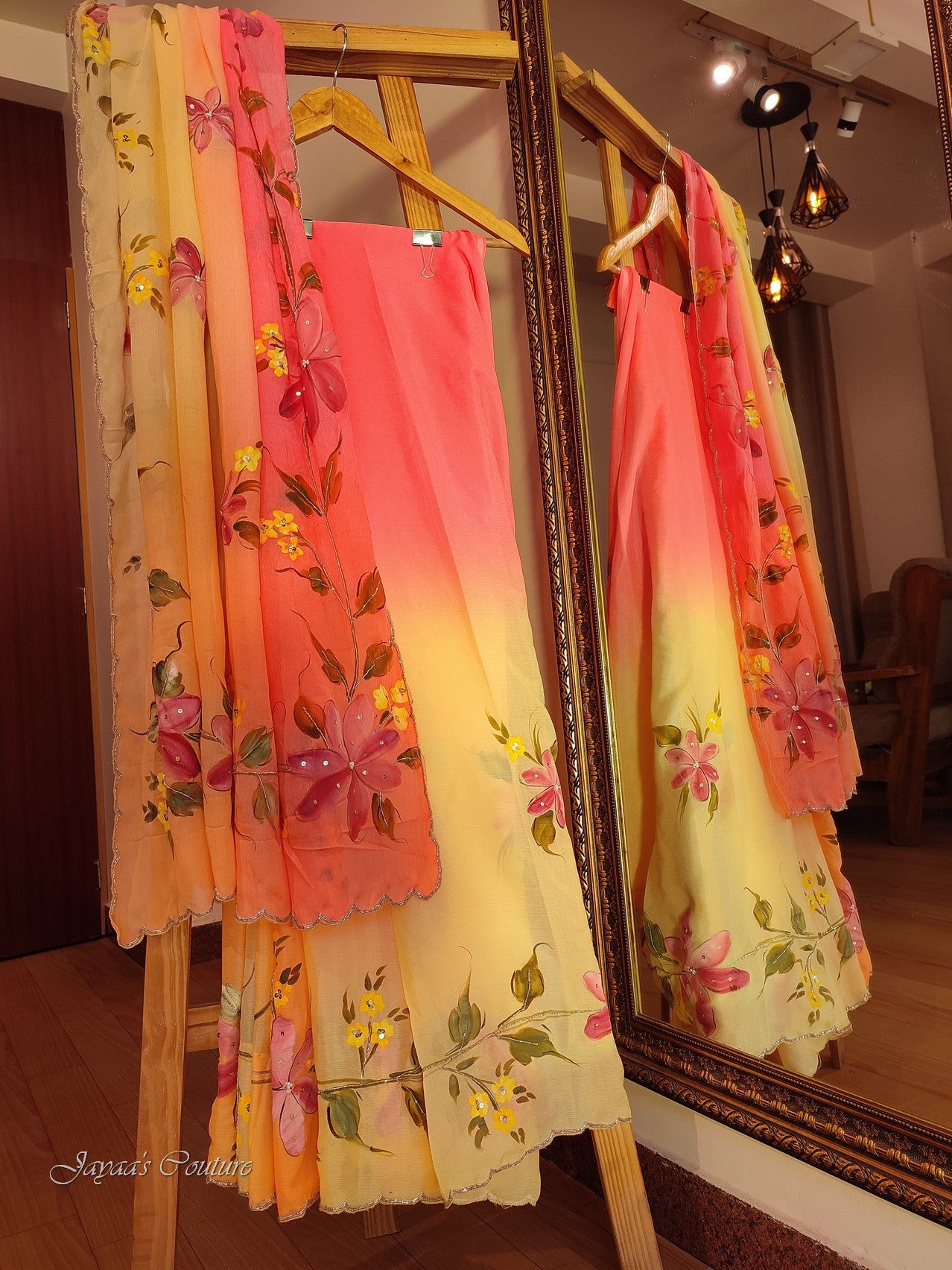 Peach Orange hand painted saree with unstich blouse