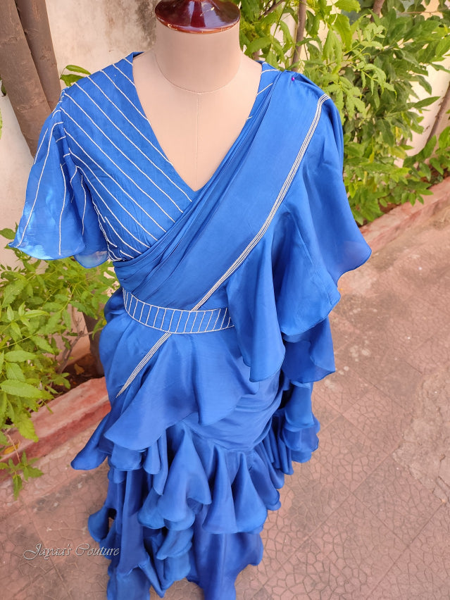 Royal blue draped saree with blouse & belt