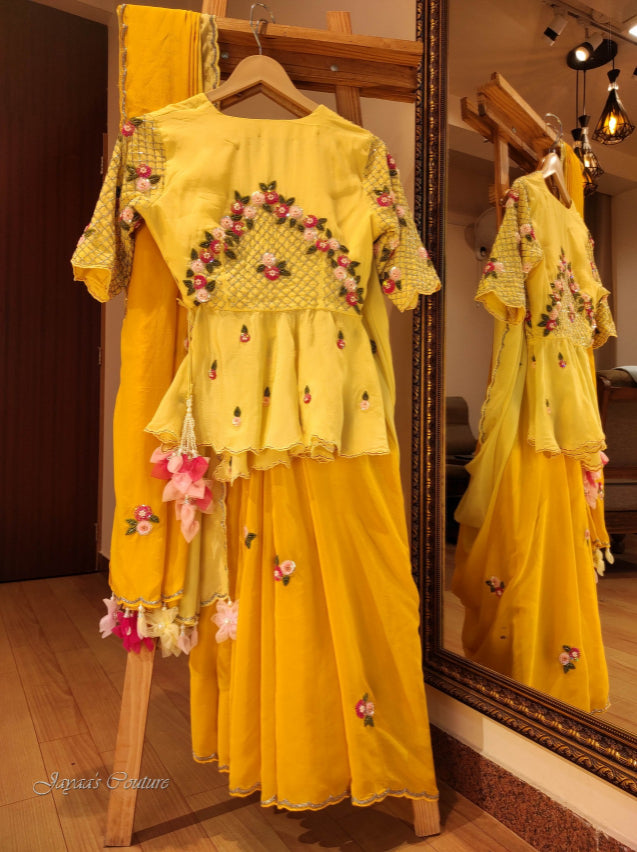 Yellow Ombre Shaded saree with angrakha peplum blouse