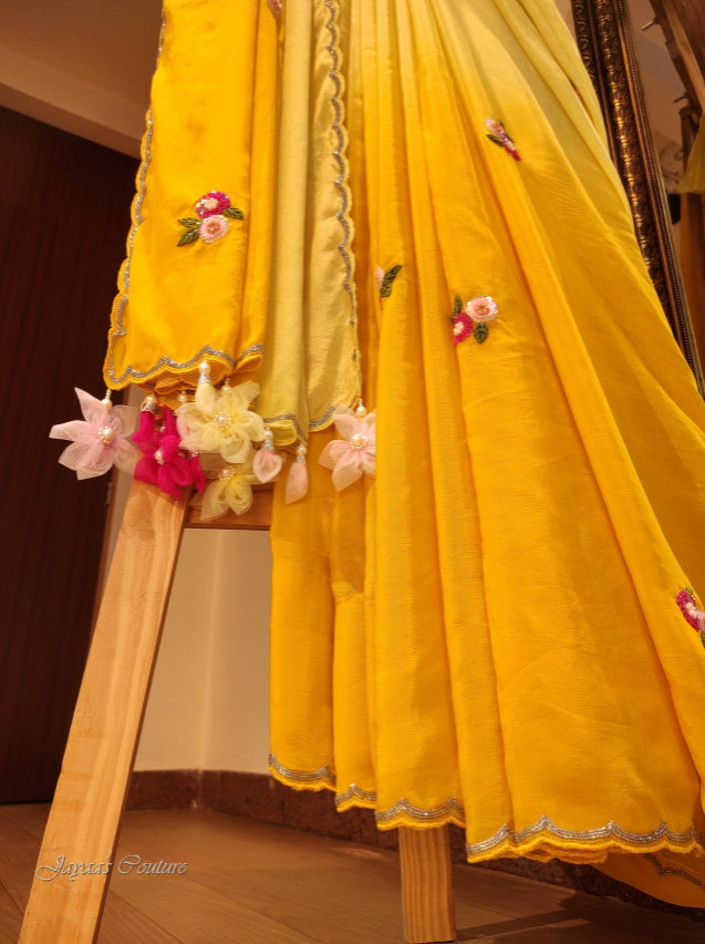 Yellow Ombre Shaded saree with angrakha peplum blouse