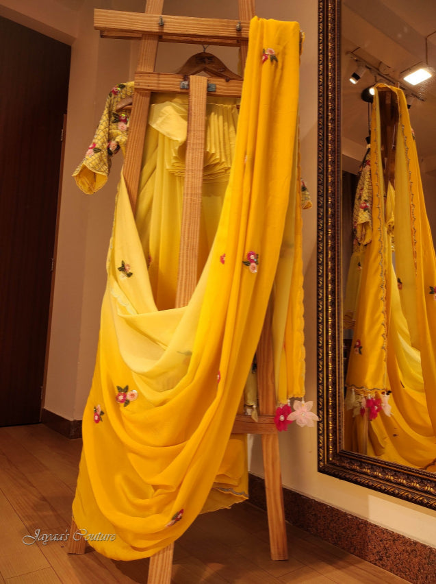 Yellow Ombre Shaded saree with angrakha peplum blouse