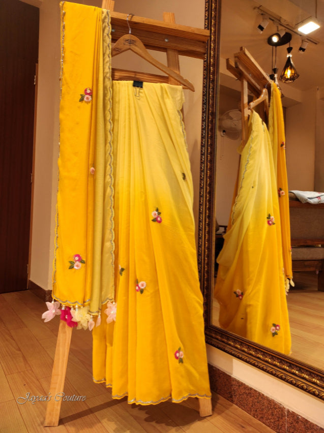 Yellow Ombre Shaded saree with angrakha peplum blouse