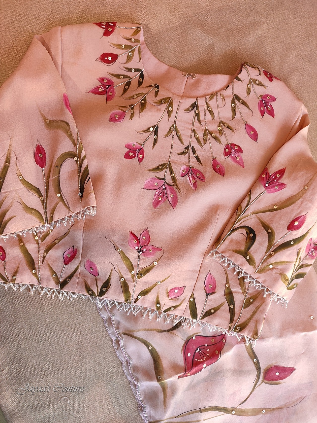 Dusty peach hand painted saree with blouse