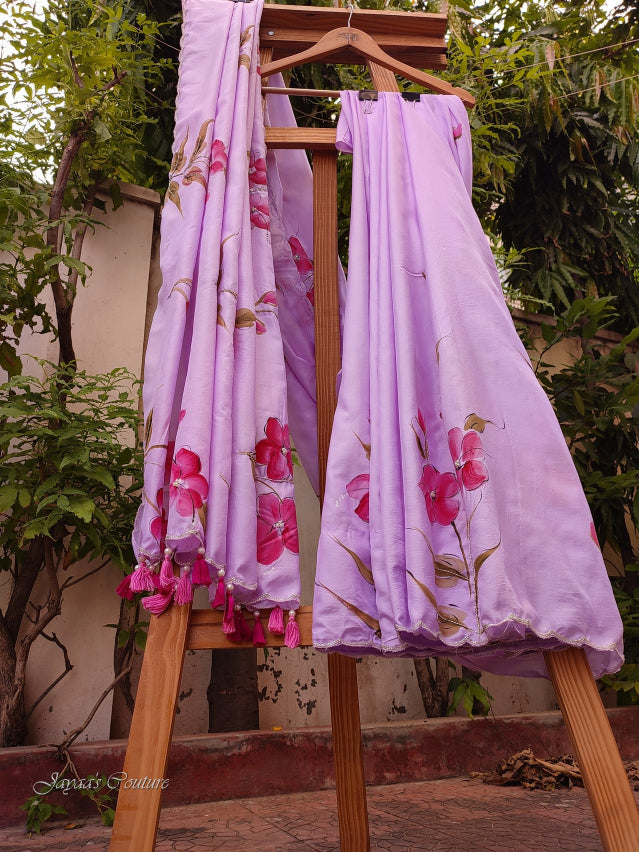 Lavender hand painted saree with blouse