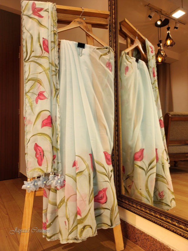 Powder blue hand painted saree with blouse