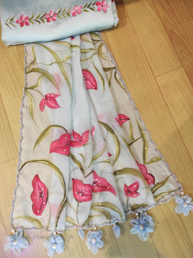 Powder blue hand painted saree with blouse
