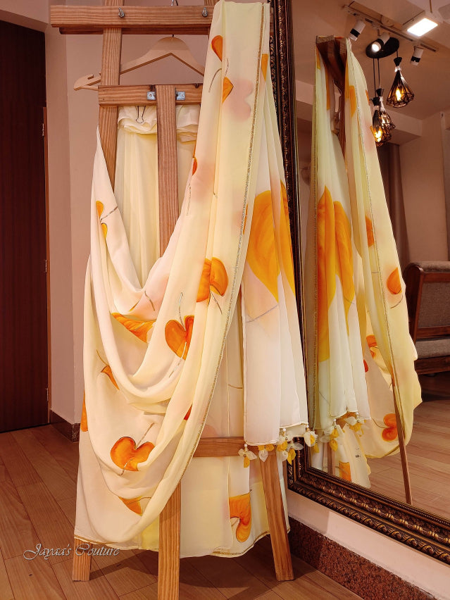 Off white yellow hand painted saree with blouse