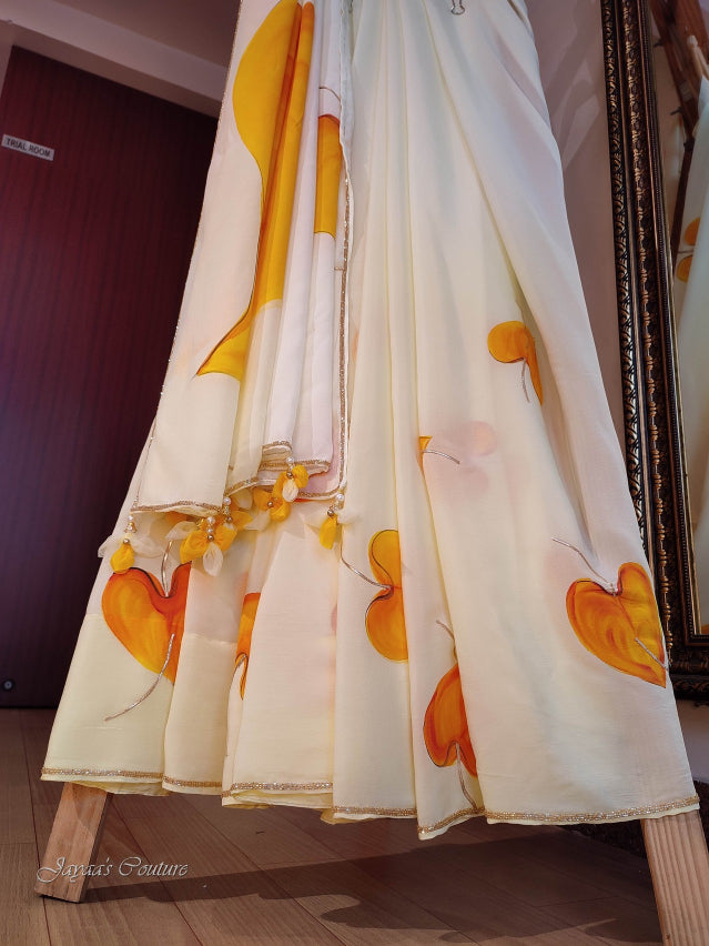Off white yellow hand painted saree with blouse