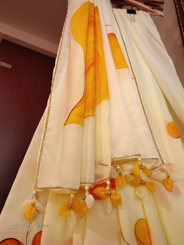 Off white yellow hand painted saree with blouse