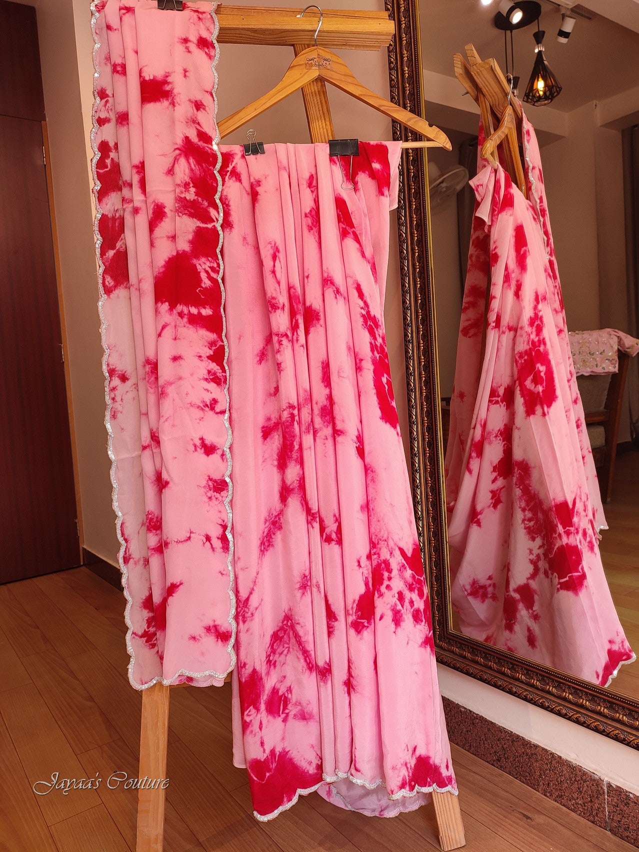 Pink tie and dye saree with handwork blouse