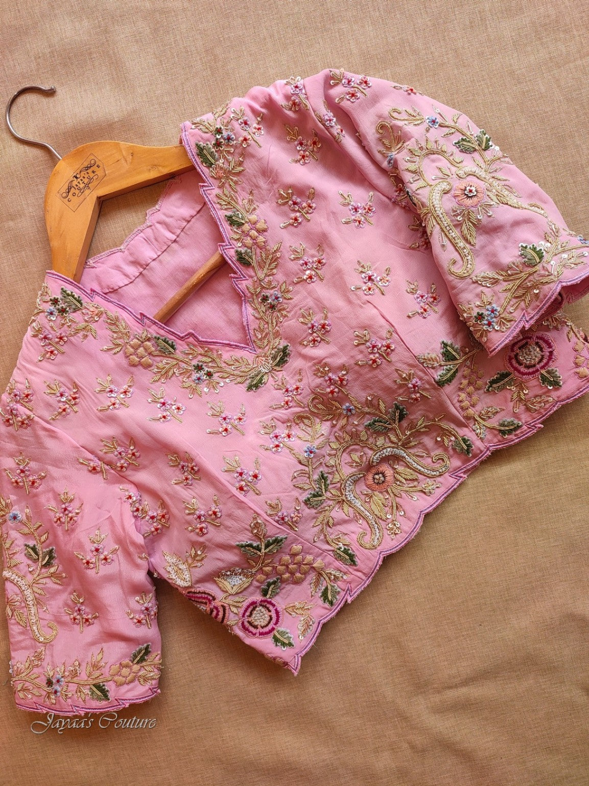 Pink tie and dye saree with handwork blouse