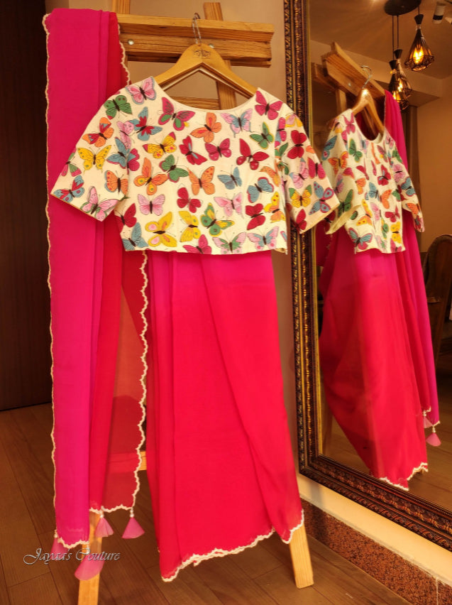Red & pink saree with off white hand painted blouse