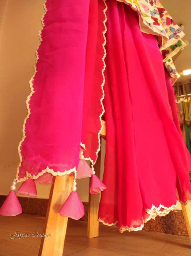 Red & pink saree with off white hand painted blouse
