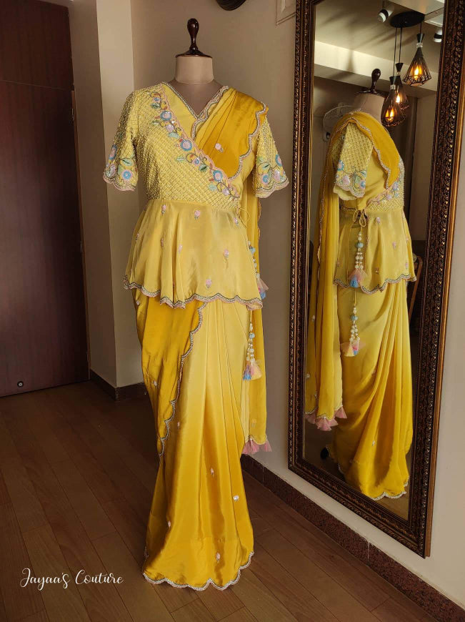 Ombre yellow saree with angrakha peplum blouse