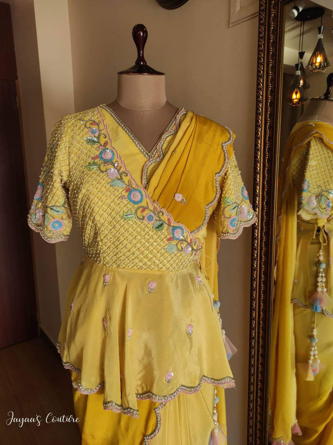 Ombre yellow saree with angrakha peplum blouse