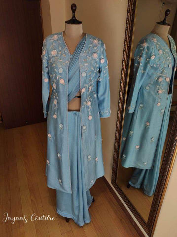 Powder blue saree blouse and shrug