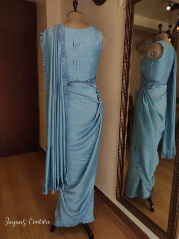 Powder blue saree blouse and shrug