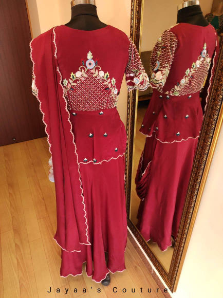 Marron draped saree with angrakha peplum blouse