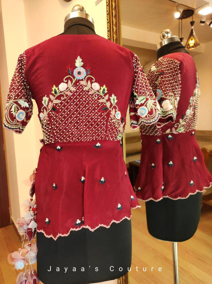 Marron draped saree with angrakha peplum blouse