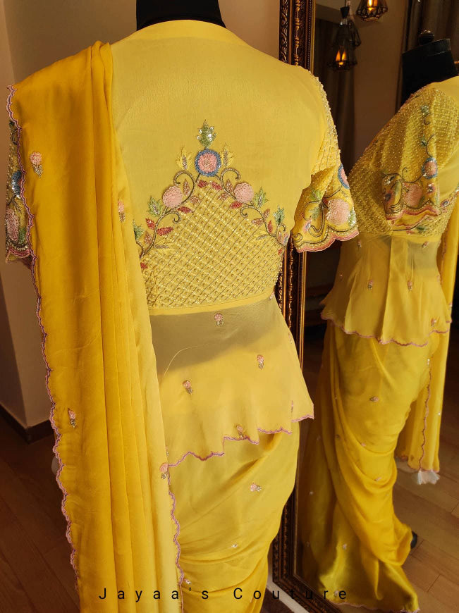 Ombre yellow saree with angrakha peplum blouse
