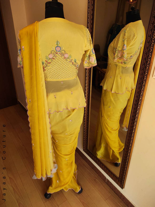Ombre yellow saree with angrakha peplum blouse
