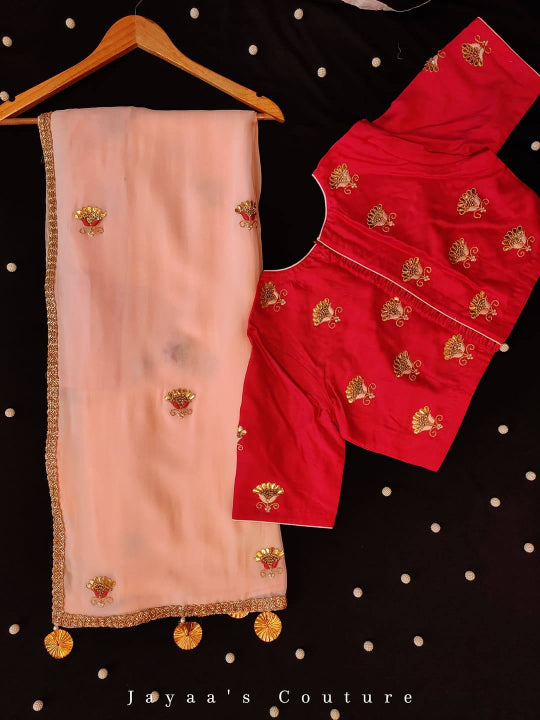 Peach gota work saree with tomato red blouse