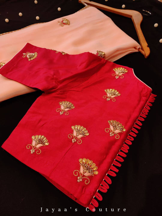 Peach gota work saree with tomato red blouse